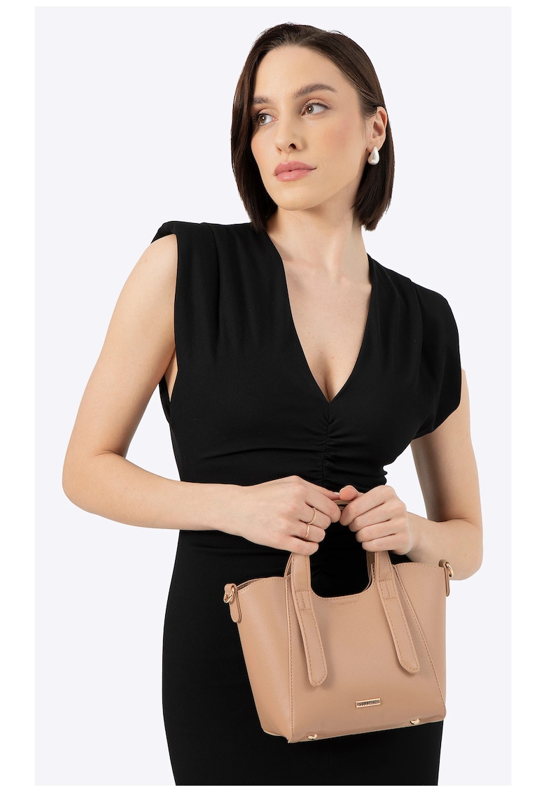 Geanta dama mini - ecologica - bej - cu manere decorative si bretea reglabila