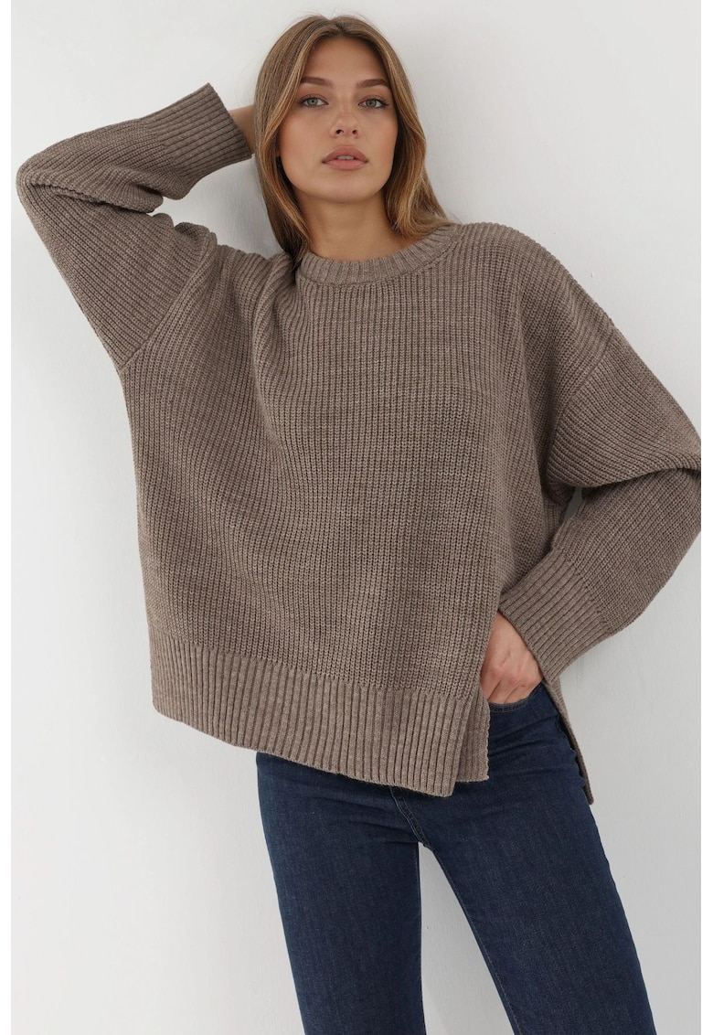 Pulover dama - tricotat texturat - guler rotund - bej - material acrilic