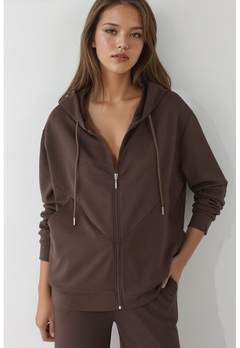 Hanorac dama - cu fermoar - textil - maro - Maro