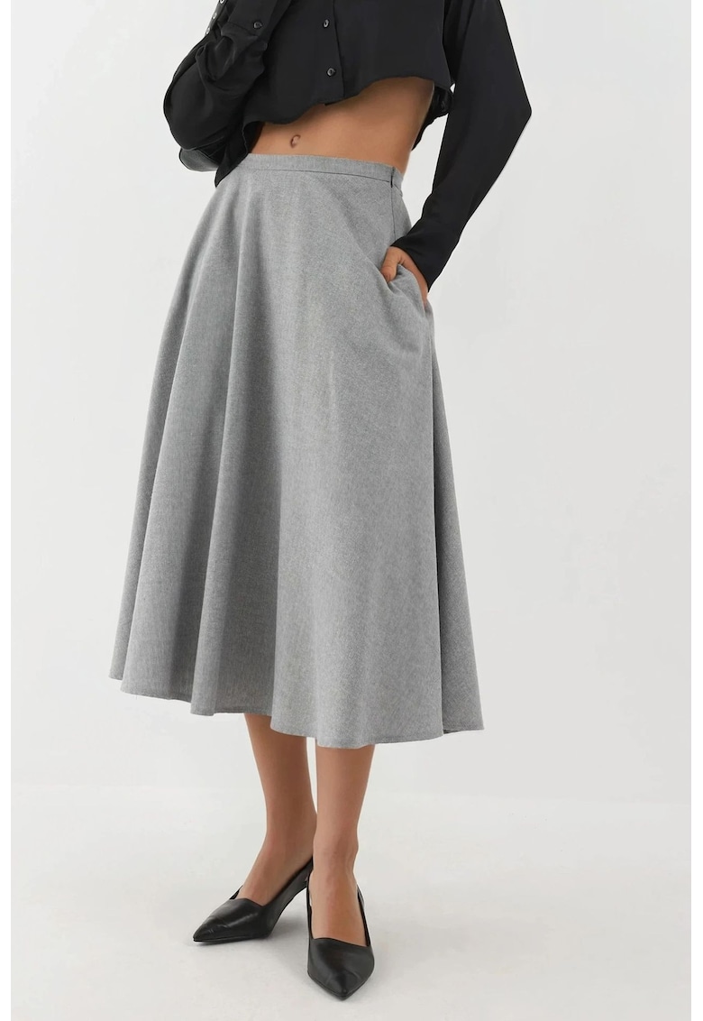 Fusta midi talie inalta - inchidere cu fermoar - gri - textil