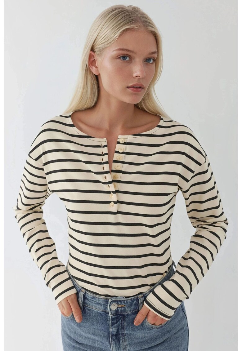 Tricou dama - cu guler cu nasturi - dungi - alb-maro - jerseu