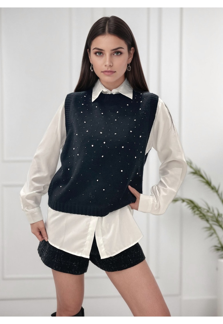 Pulover negru fara maneci cu strasuri A-9015 M9 18184