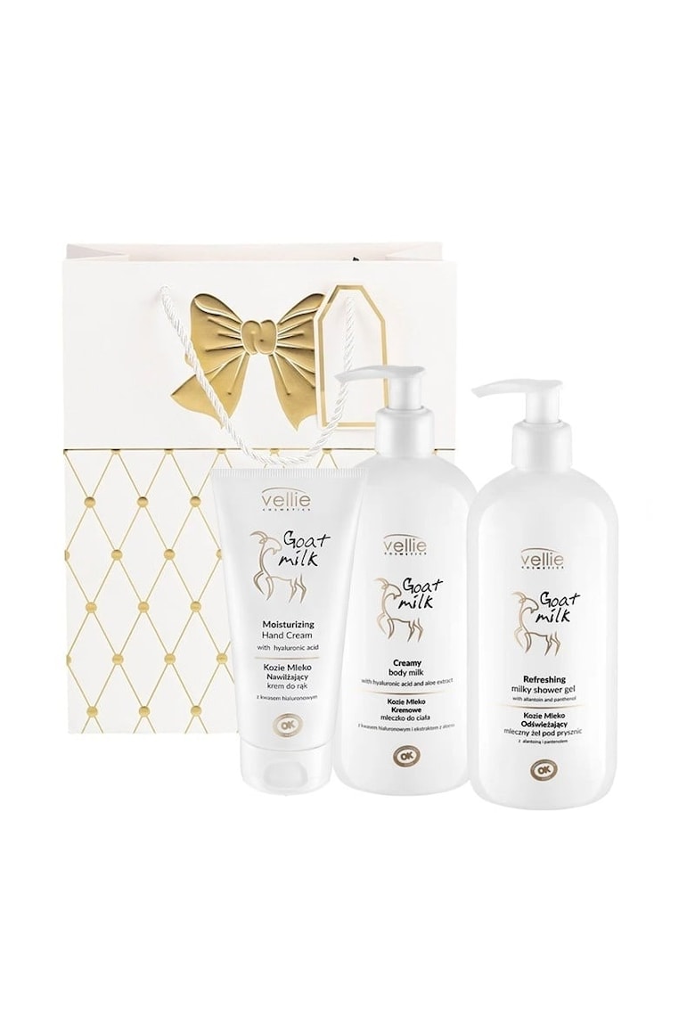 Set Goat Milk – Crema hidratanta de maini - 100 ml - Lapte de corp cremos - 500 ml si Gel de dus - 500 ml