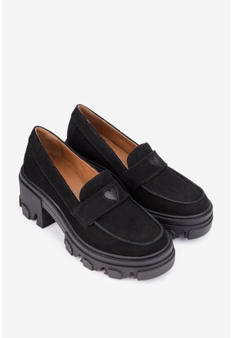 Pantofi dama negri din piele intoarsa cu ornament