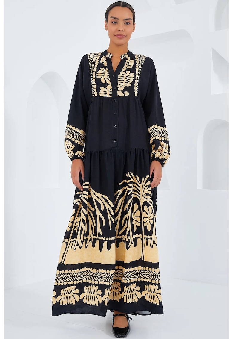 Rochie maxi HiCCUP BDART - decolteu in V - captusita - textil - gri carbune