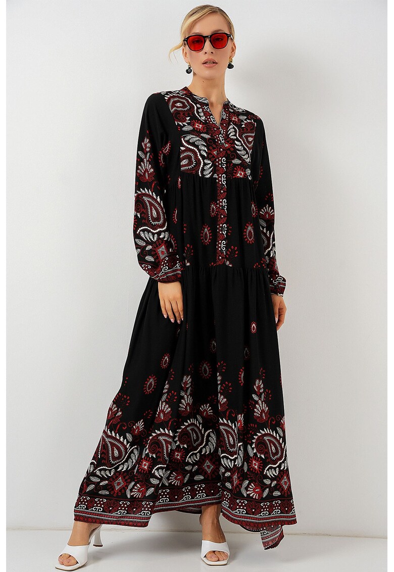 Rochie maxi HiCCUP BDART - decolteu in V - captusita - textil - rosu inchis