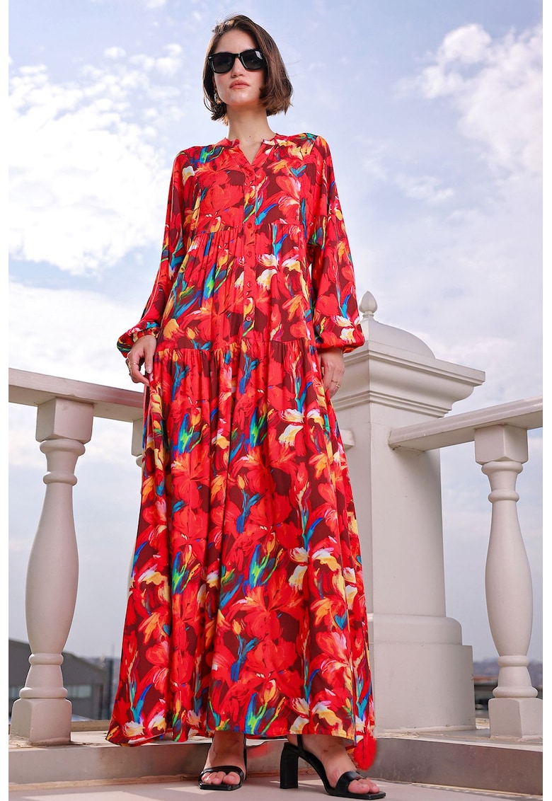 Rochie maxi HiCCUP BDART - inchidere cu nasturi - textil - rosu