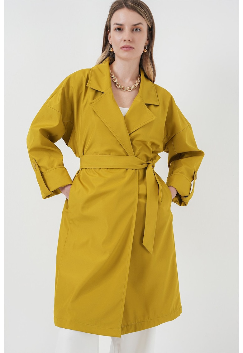 Palton dama trench din poliester cu model - guler sal