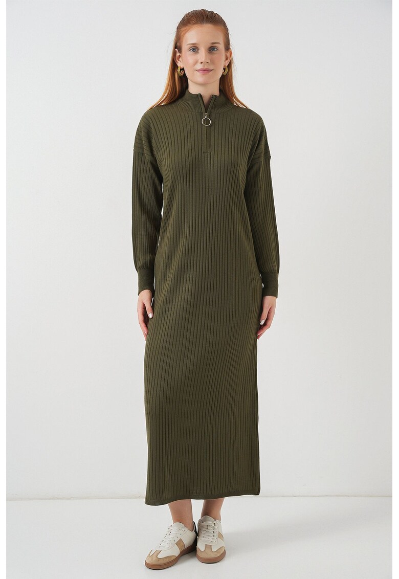 Rochie tricotata texturata - guler inalt - Verde salvie -