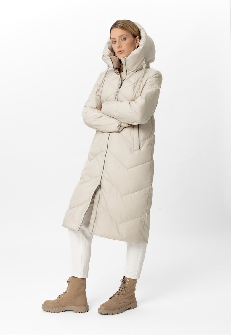 Geaca de iarna matlasata lunga - guler inalt cu gluga - fermoar bidirectional - J-Celeste - crem