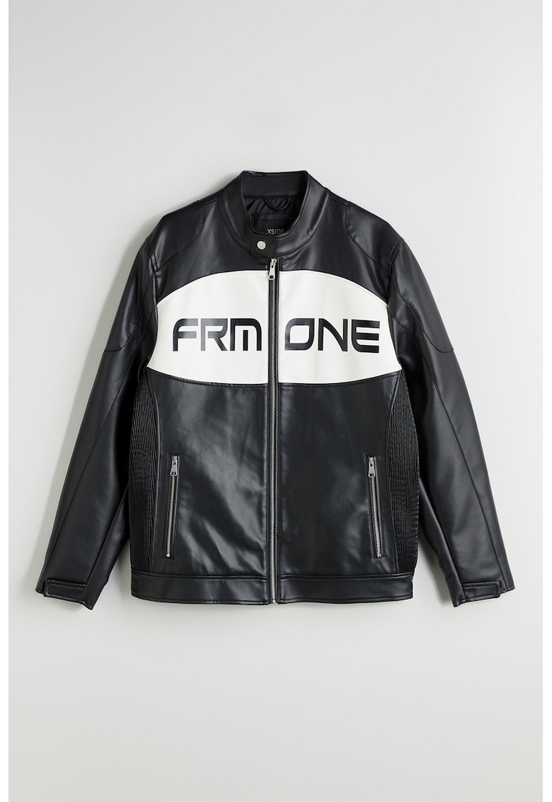 Jacheta din piele ecologica cu fermoar si imprimeu text