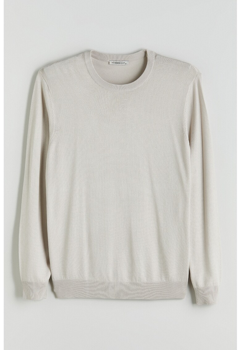 Pulover tricotat fin cu decolteu la baza gatului - Bej deschis