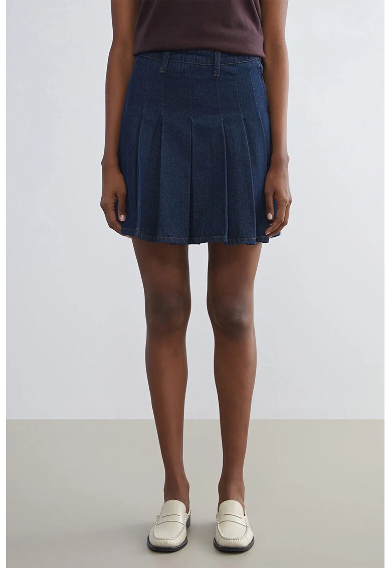 Fusta din denim cu pliuri - Albastru inchis