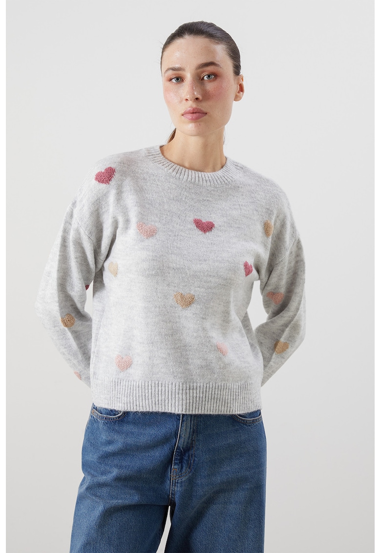 Pulover cu maneci cazute si model cu inimi - Gri deschis melange