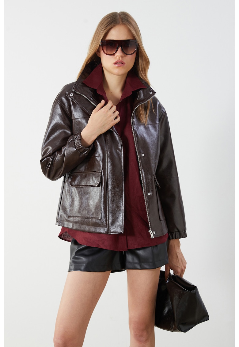 Jacheta de piele ecologica cu buzunare cu clapa
