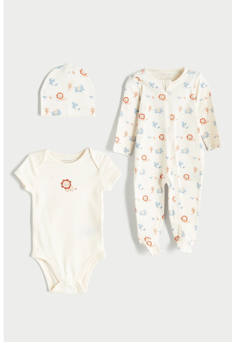 Set de salopeta de bumbac cu model - body si caciula - 3 piese