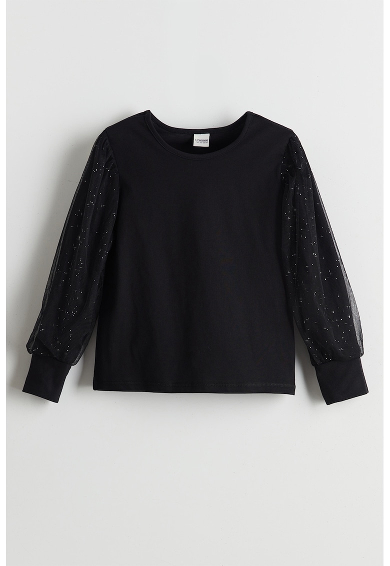 Bluza uni cu maneci cu pete decorative - Negru