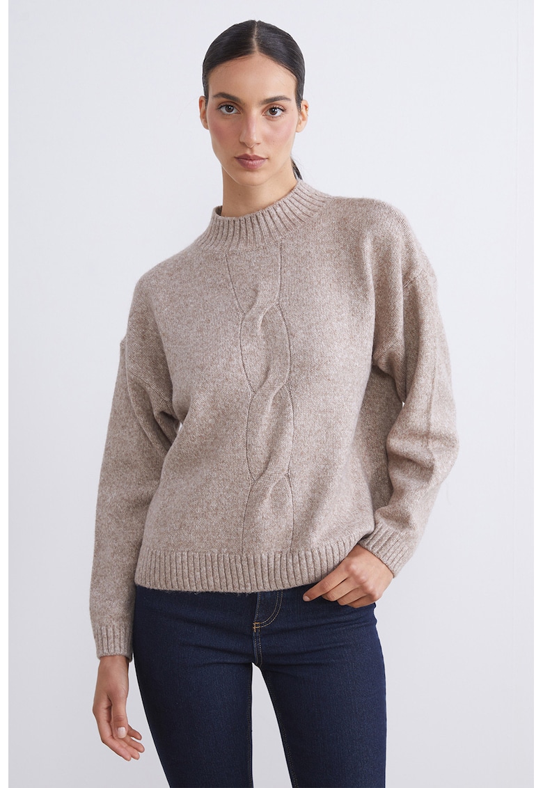 Pulover cu model torsade - Maro deschis melange
