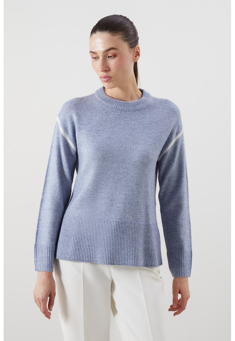 Pulover tricotat cu maneci cazute - Albastru pastel