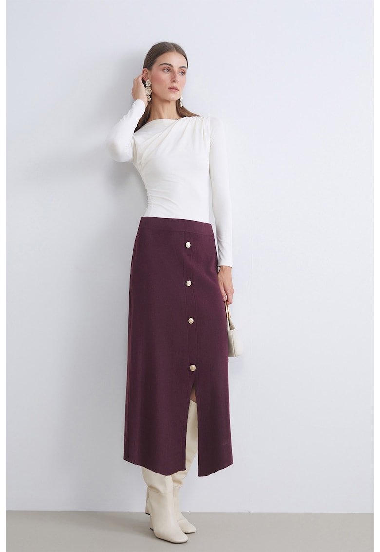 Fusta midi tricotata cu nasturi decorativi