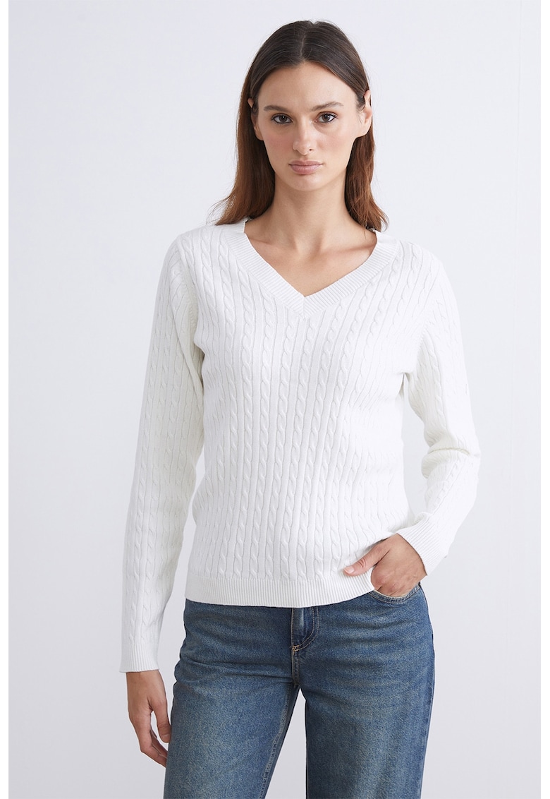 Pulover slim fit cu decolteu in V - Alb