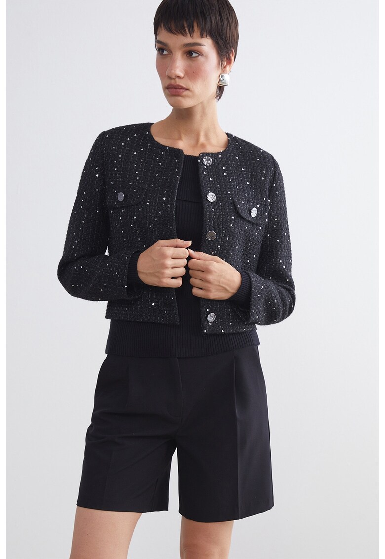 Sacou crop cu aplicatii cu paiete - Negru