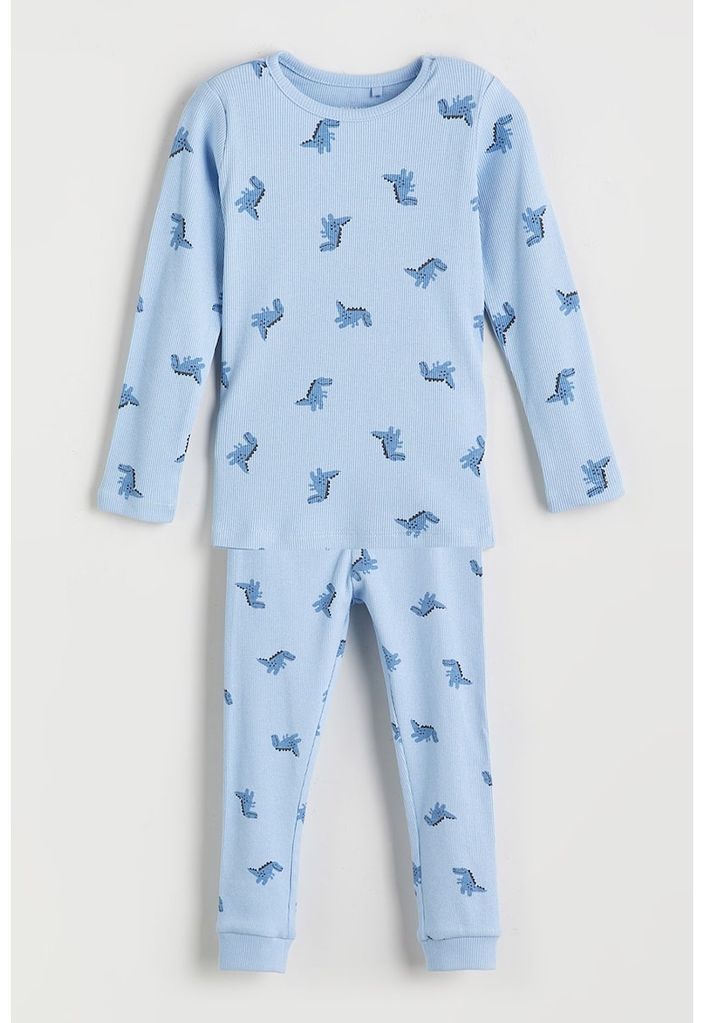 Pijama striata din amestec de bumbac cu dinozaur