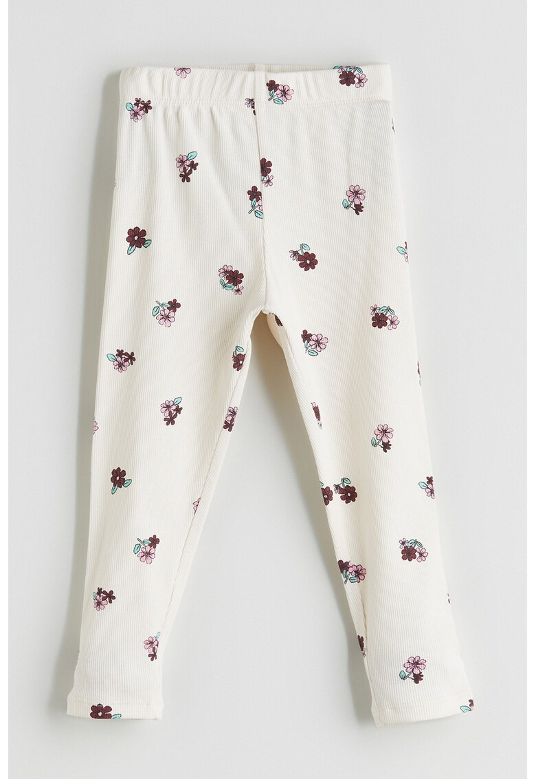 Pantaloni cu talie medie si design floral - Alb murdar/Roz/Violet pruna