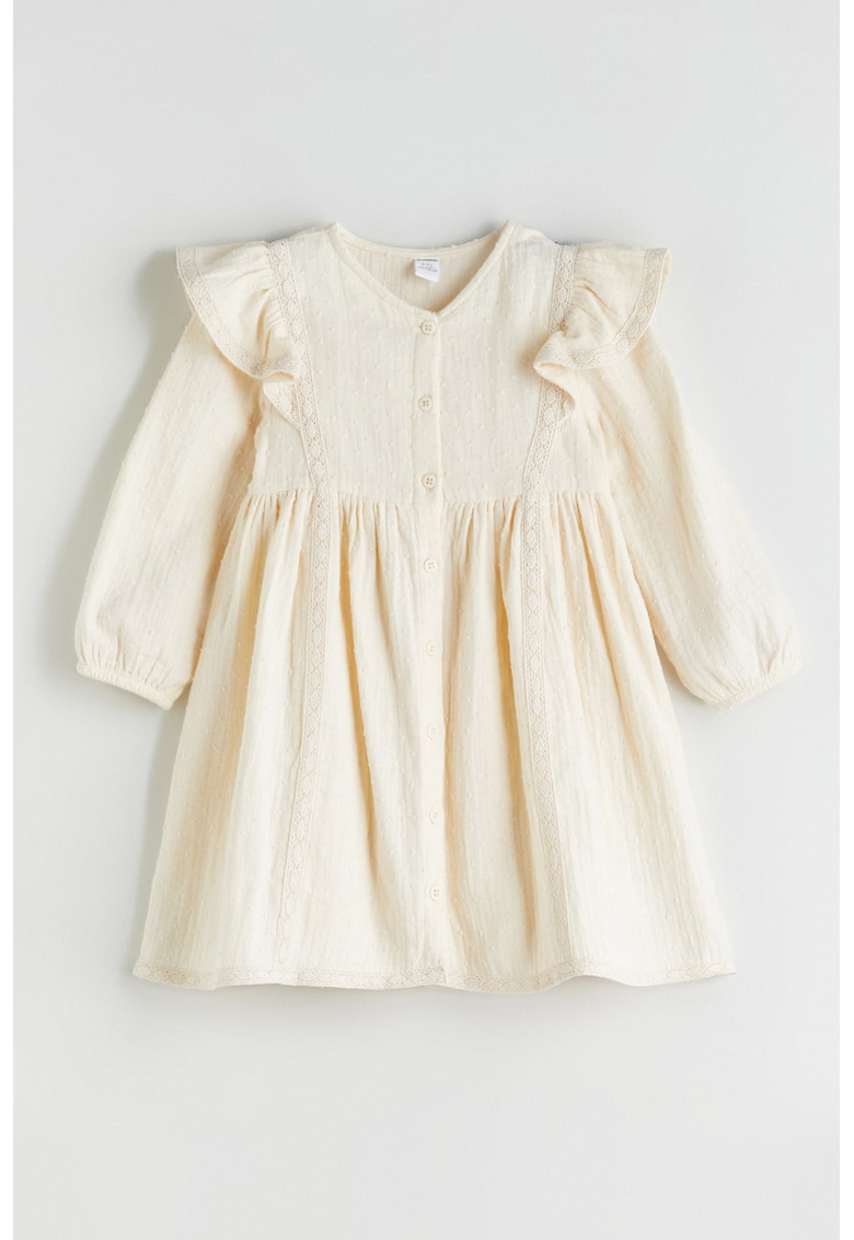 Rochie din bumbac cu maneci lungi si detalii cu volane
