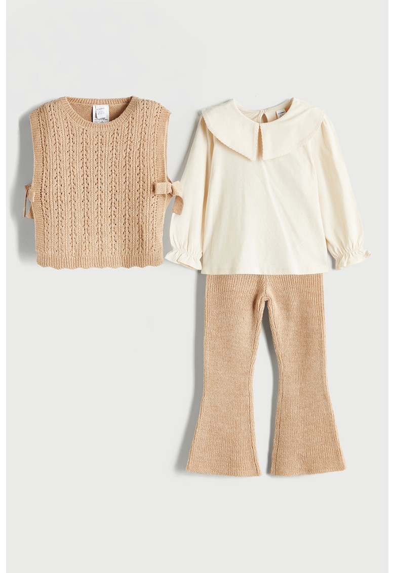 Set de vesta tricotata - pantaloni si bluza cu guler Peter Pan - 3 piese