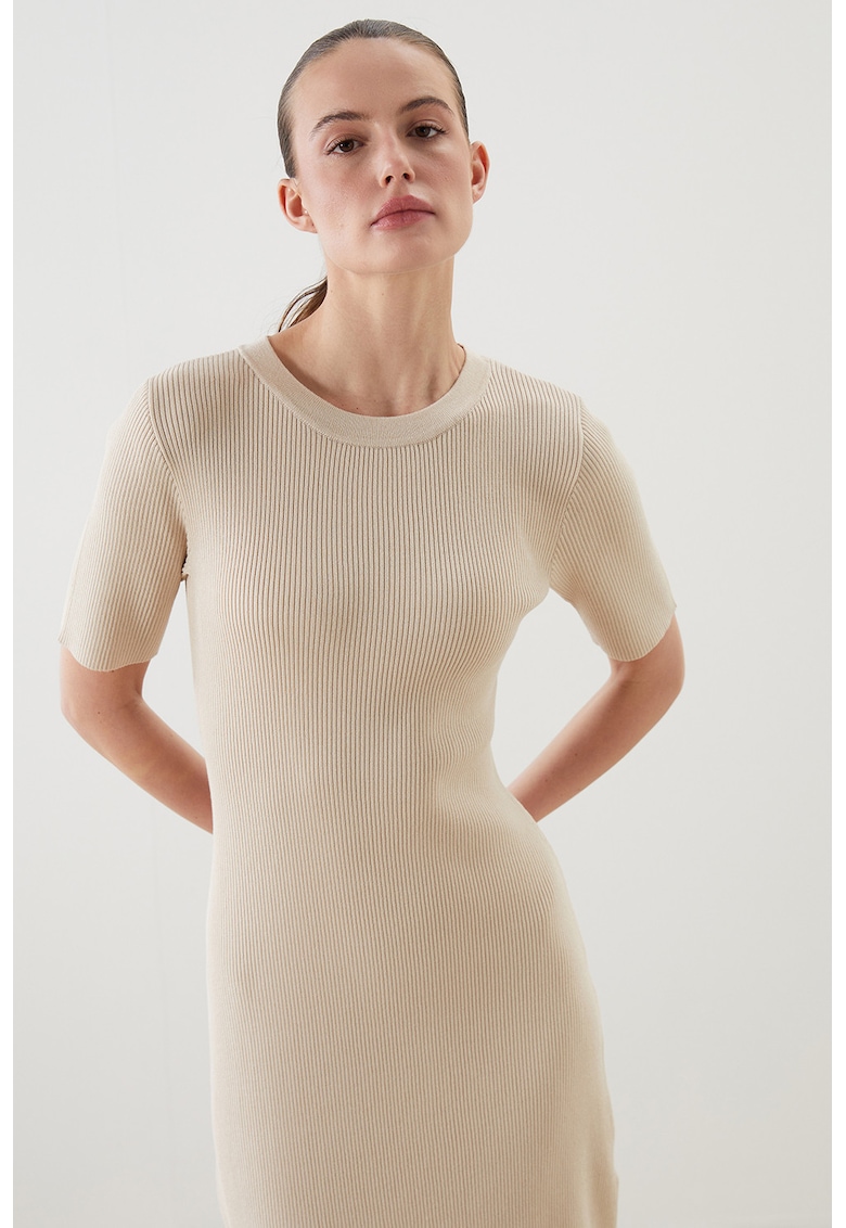 Rochie midi striata cu maneci scurte si slituri laterale