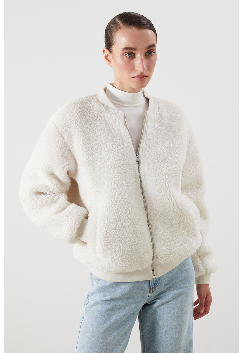 Jacheta din material teddy cu maneci cazute