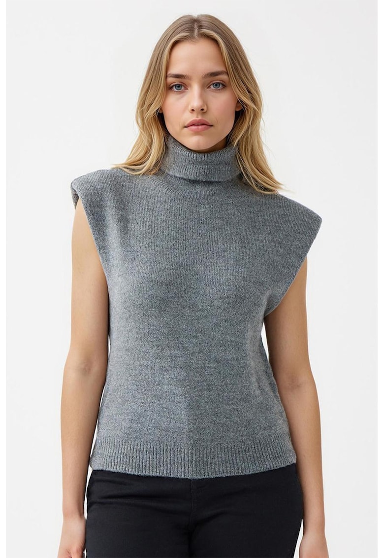 Pulover cu umeri intariti si guler inalt - fara maneci - Gri melange