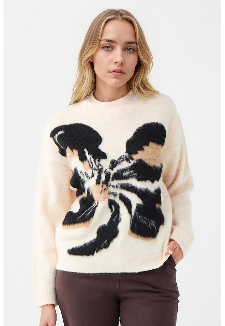 Pulover cu imprimeu grafic si decolteu la baza gatului