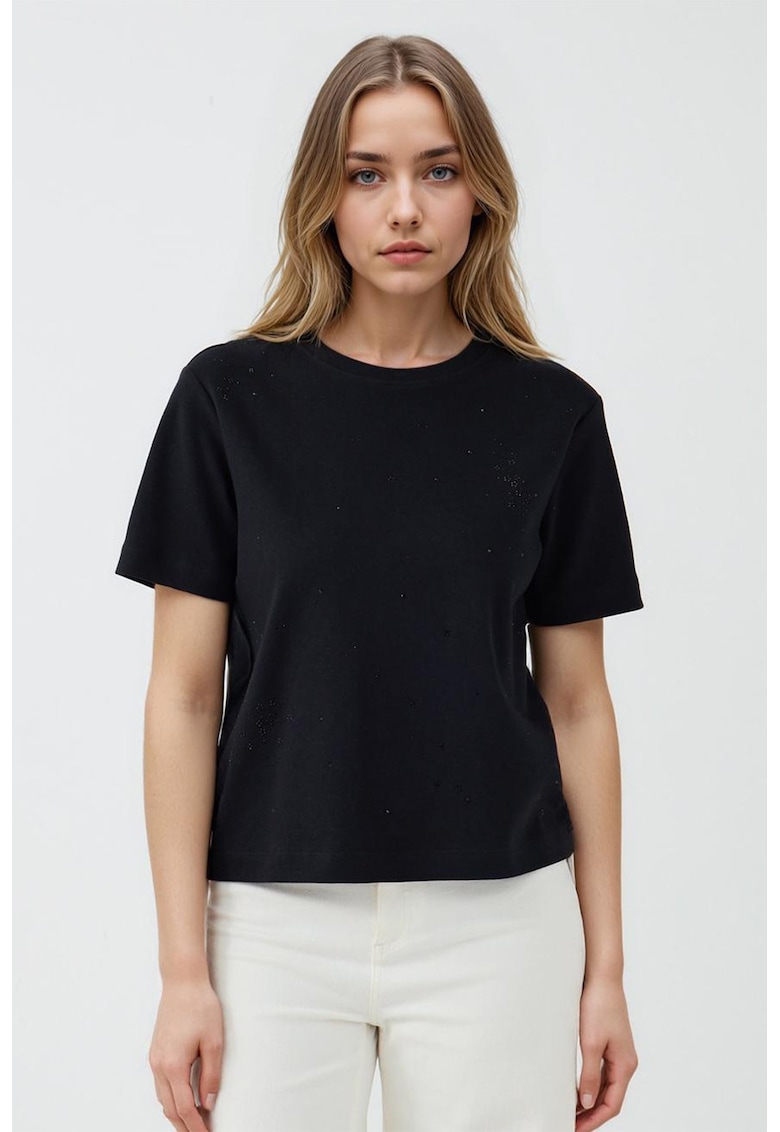 Tricou din bumbac cu decolteu la baza gatului - Negru