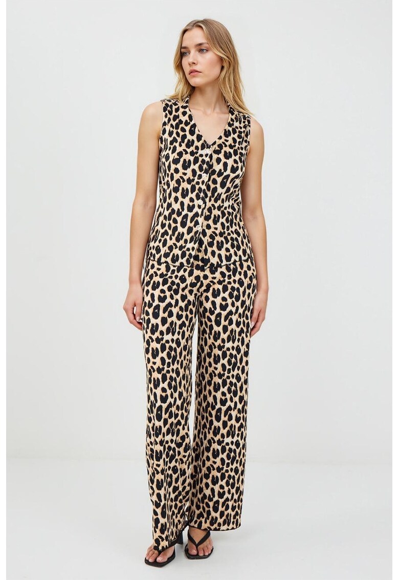 Vesta cu animal print si decolteu in V - Negru/Maro deschis