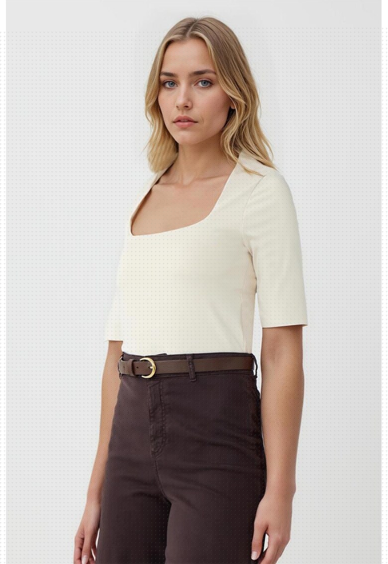 Bluza cu decolteu patrat - Maro nisip
