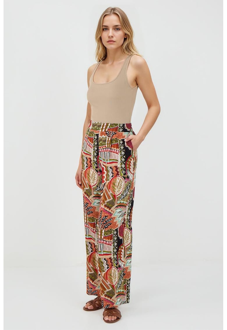 Pantaloni cu talie inalta si model grafic - Multicolor