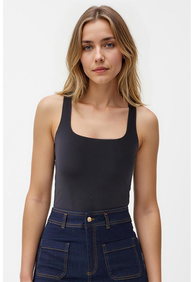 Top slim-fit cu decolteu patrat - Negru
