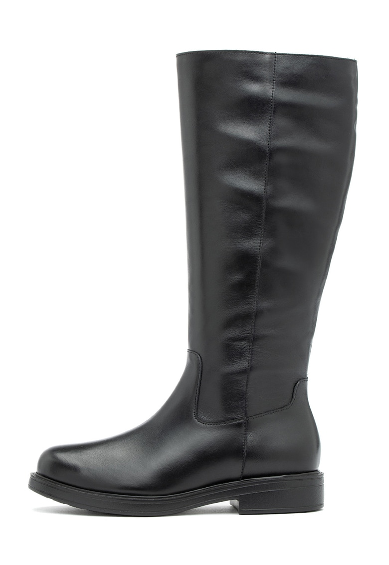 Cizme lungi de piele cu talpa plata - Negru