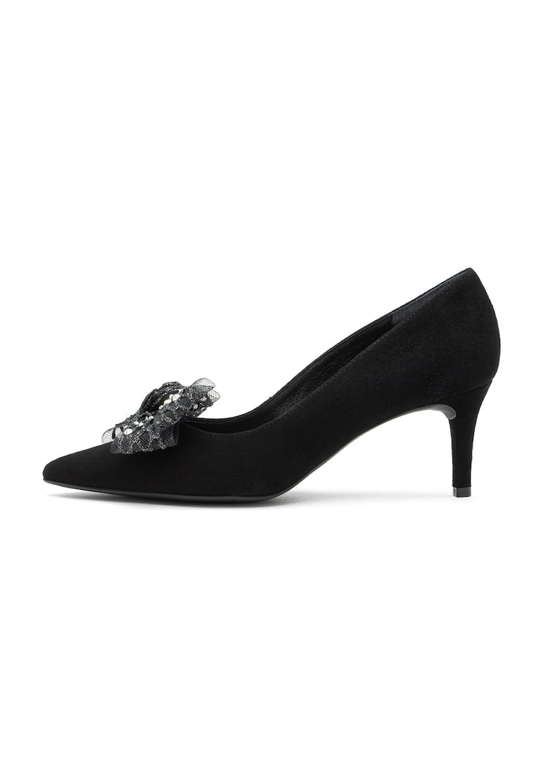 Pantofi de piele intoarsa cu toc si funda detasabila - Negru