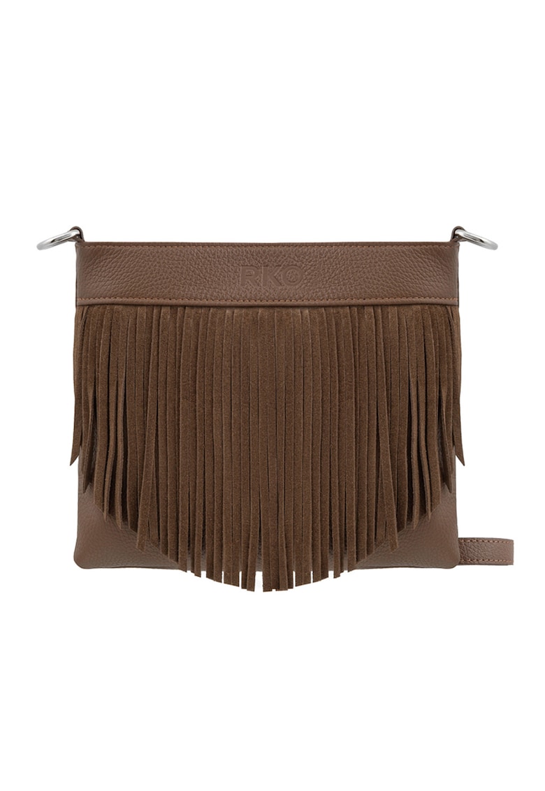 Geanta crossbody de piele cu franjuri - Maro inchis