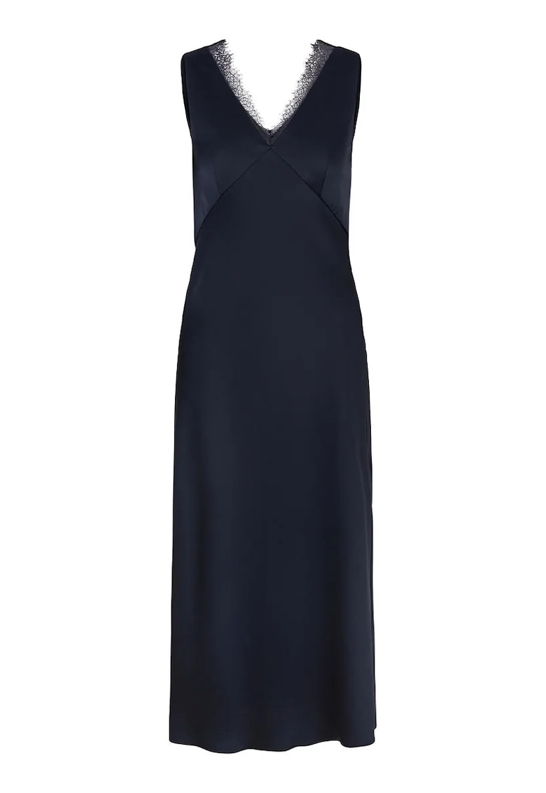 Rochie midi fara maneci cu decolteu in V si detalii tip dantela