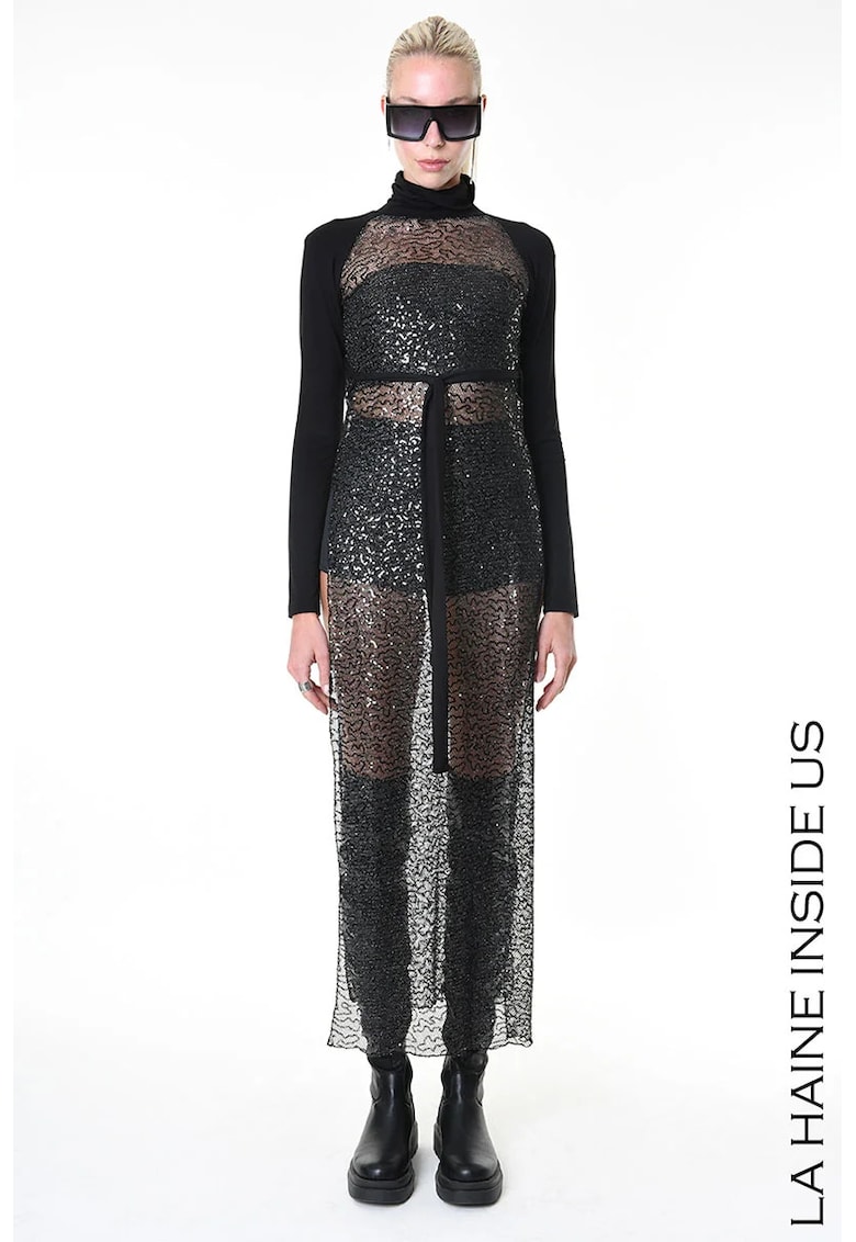 Rochie lunga din paiete - cu guler inalt si cordon in talie Rochie lunga din paiete - cu guler inalt si cordon in talie