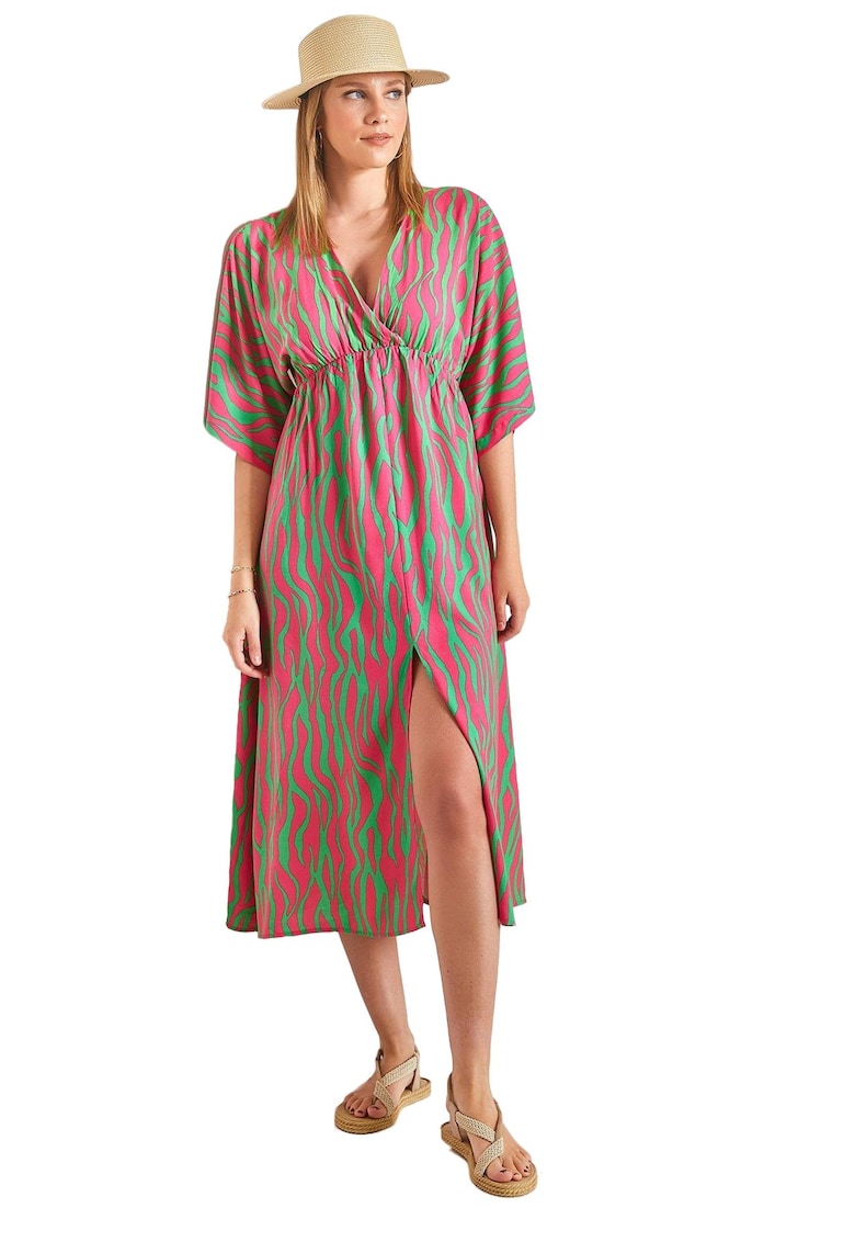 Rochie midi dama - cu imprimeu - textil - magenta/verde -