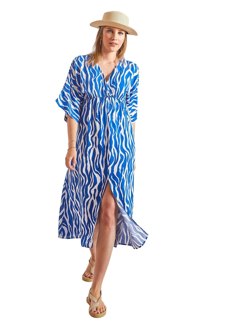 Rochie midi dama - cu imprimeu - textil - alb/albastru -