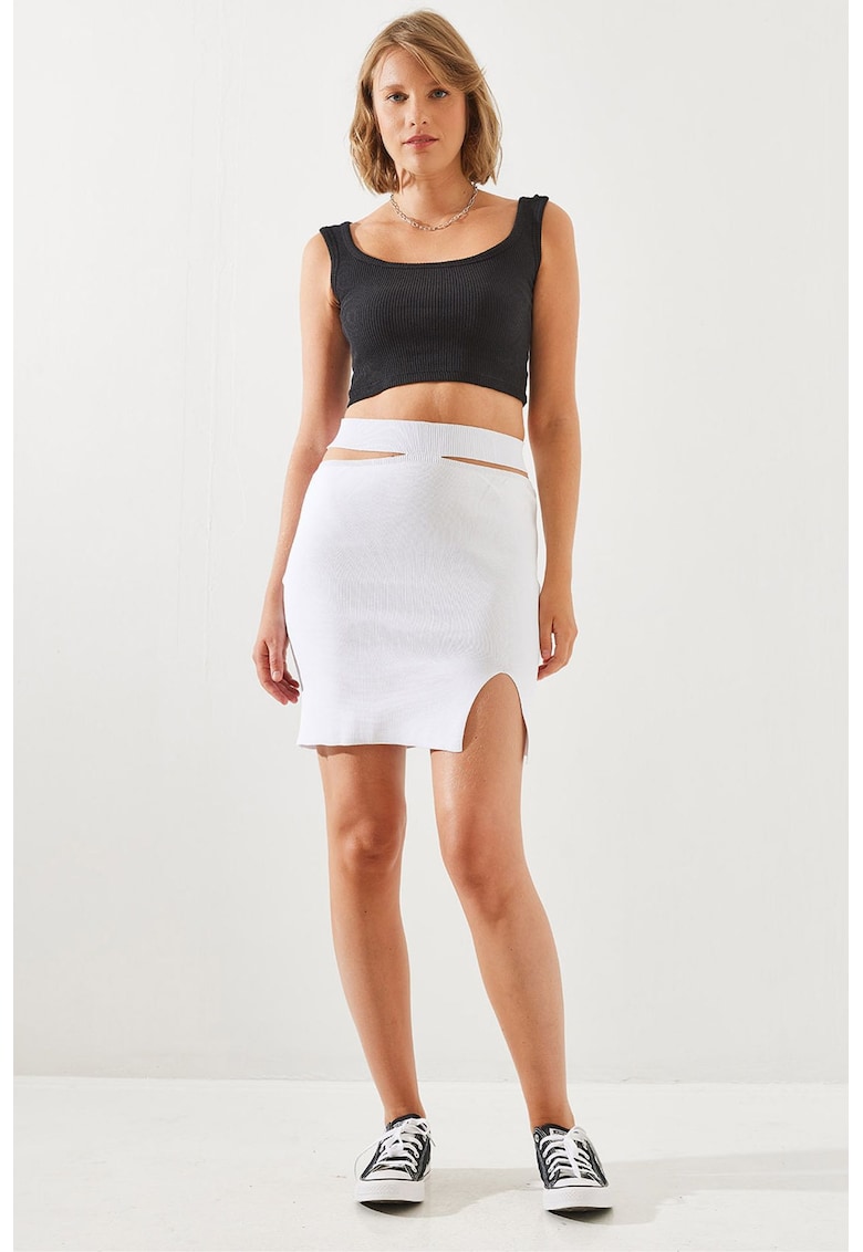 Fusta mini talie inalta - crapatura - alb - textil -