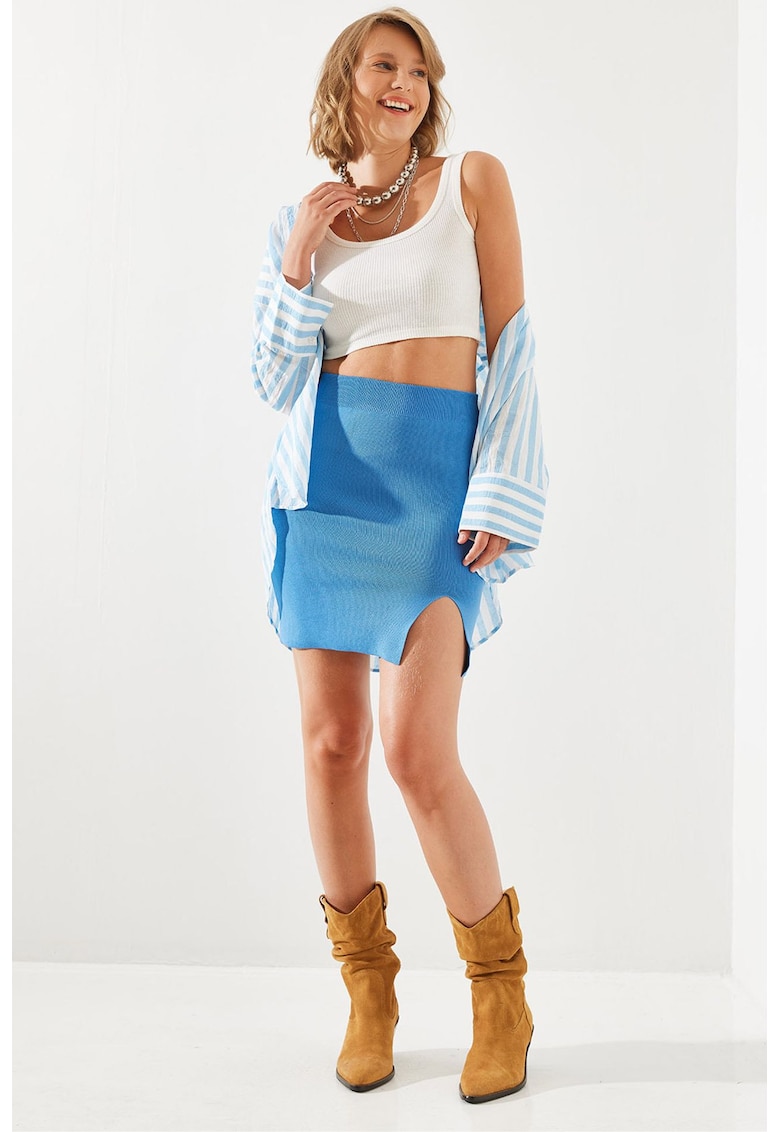 Fusta mini - talie inalta - crapatura - albastra - textil -