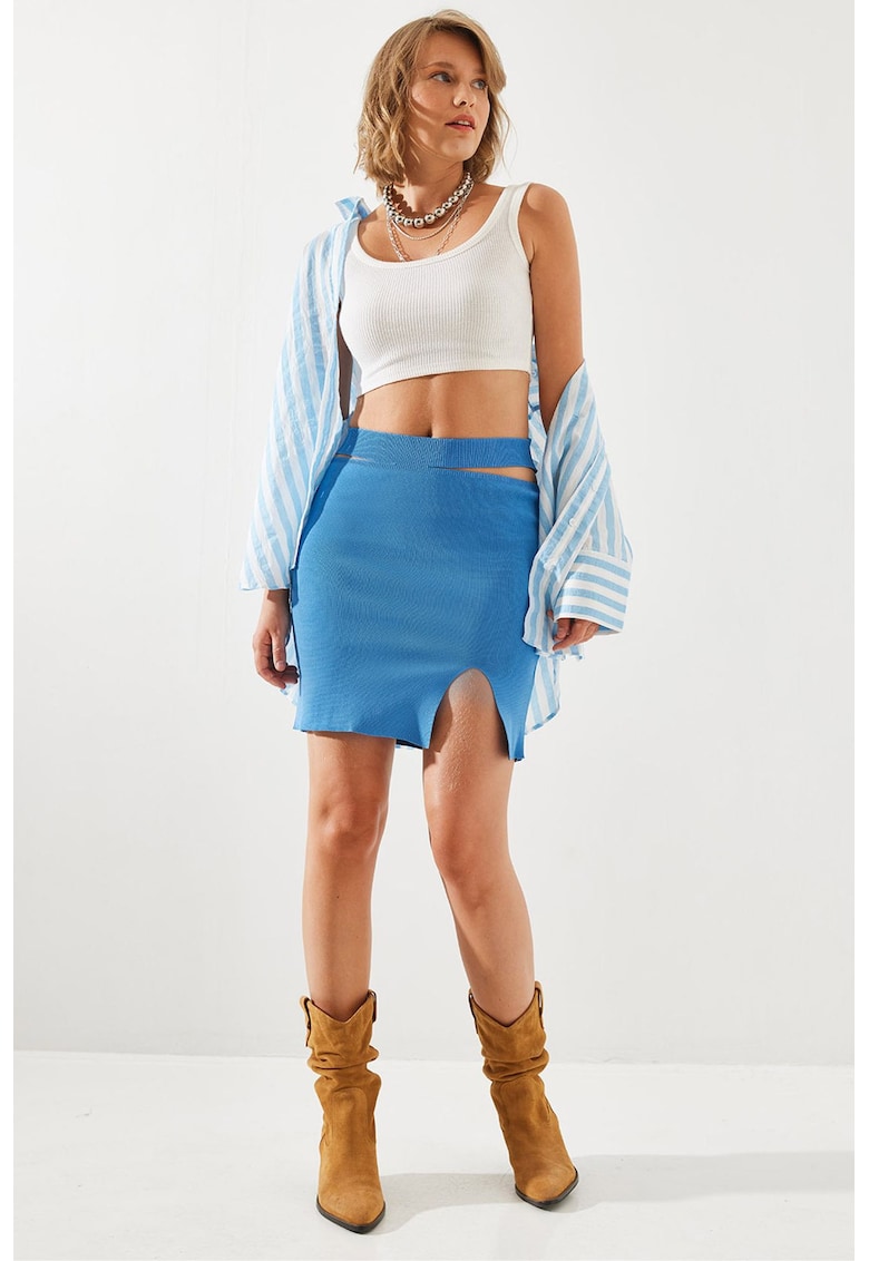 Fusta mini - talie inalta - crapatura - albastra - textil -