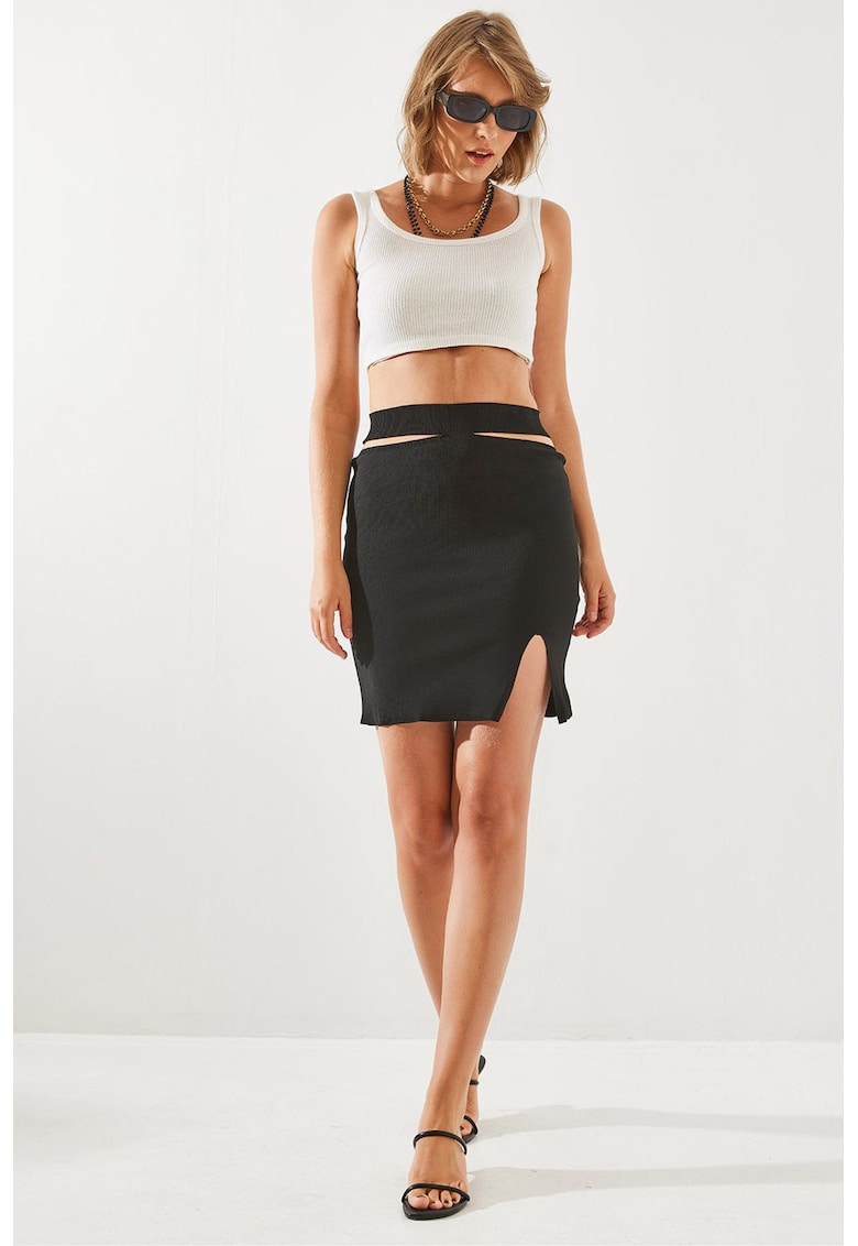 Fusta mini - talie inalta - crapatura - negru - textil -